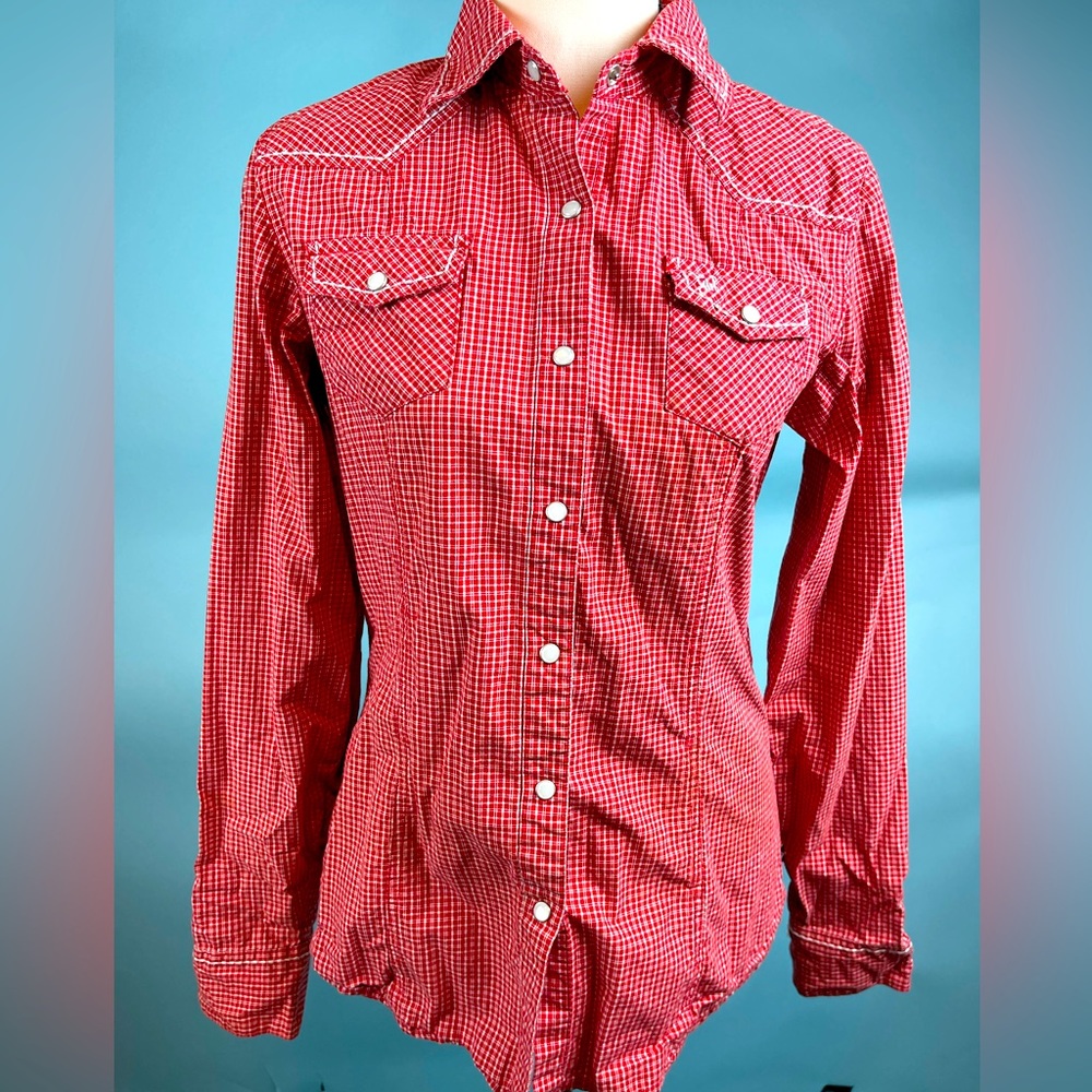Red and white Gingham patterned button up shirt